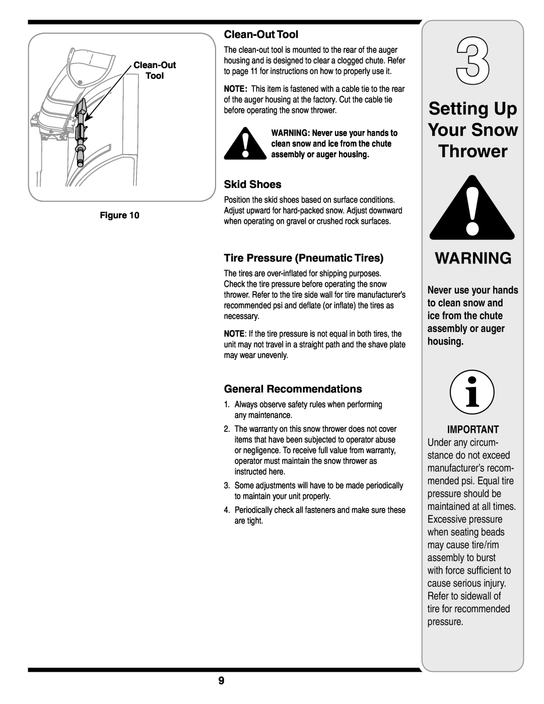 Troy-Bilt Two-Stage Snow Thrower Setting Up Your Snow Thrower, Clean-Out Tool, Skid Shoes, Tire Pressure Pneumatic Tires 