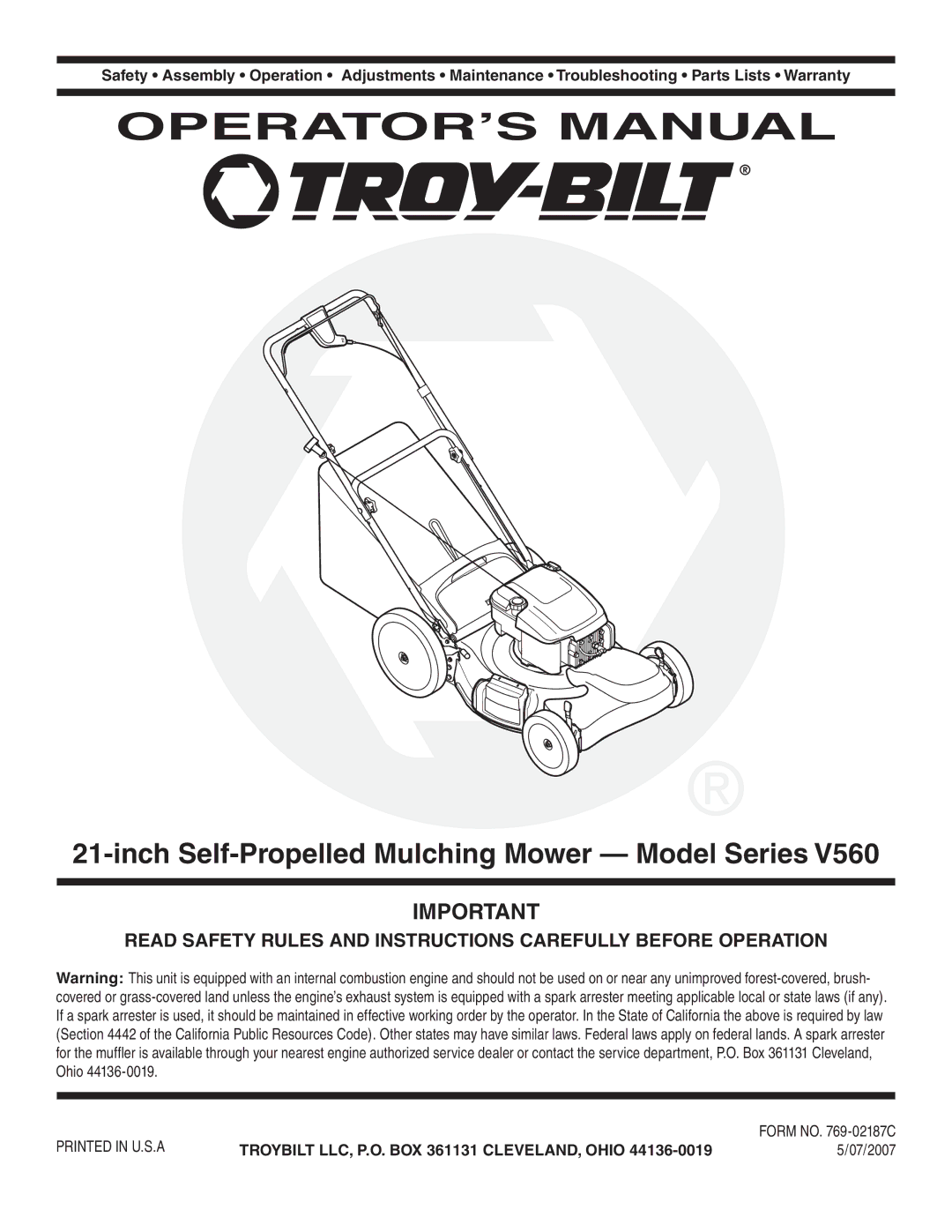 Troy-Bilt V560 manual Inch Self-Propelled Mulching Mower Model Series, 07/2007 