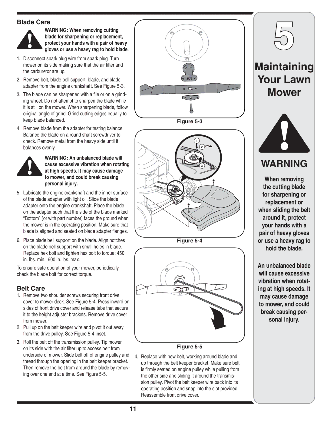 Troy-Bilt V560 manual Blade Care, Belt Care 