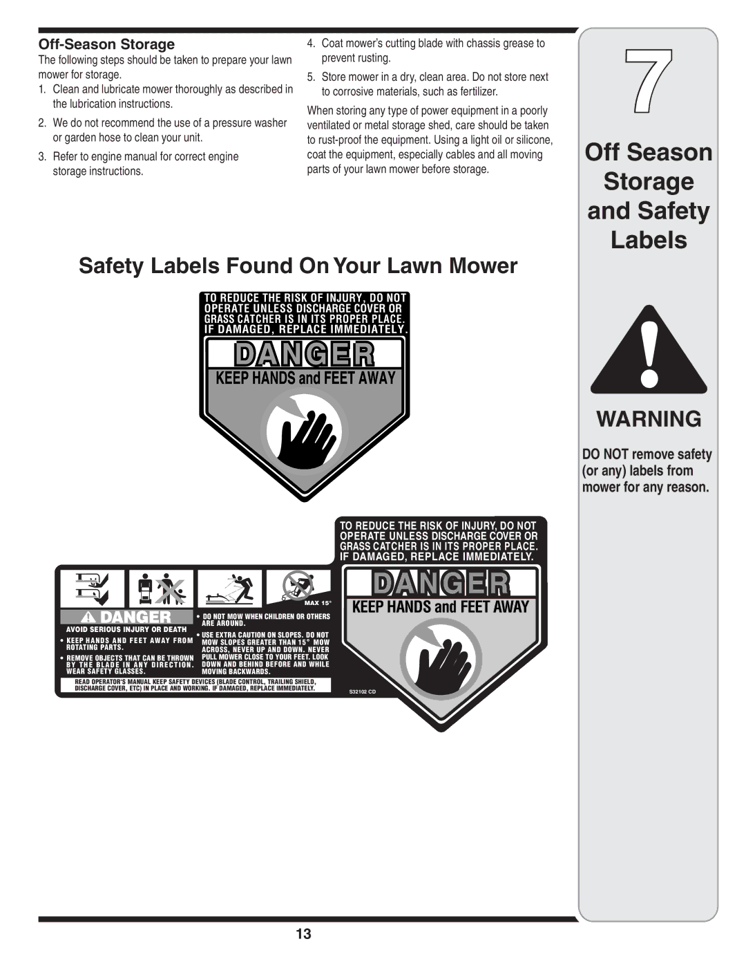 Troy-Bilt V560 manual Off Season Storage Safety Labels, Safety Labels Found On Your Lawn Mower, Off-Season Storage 