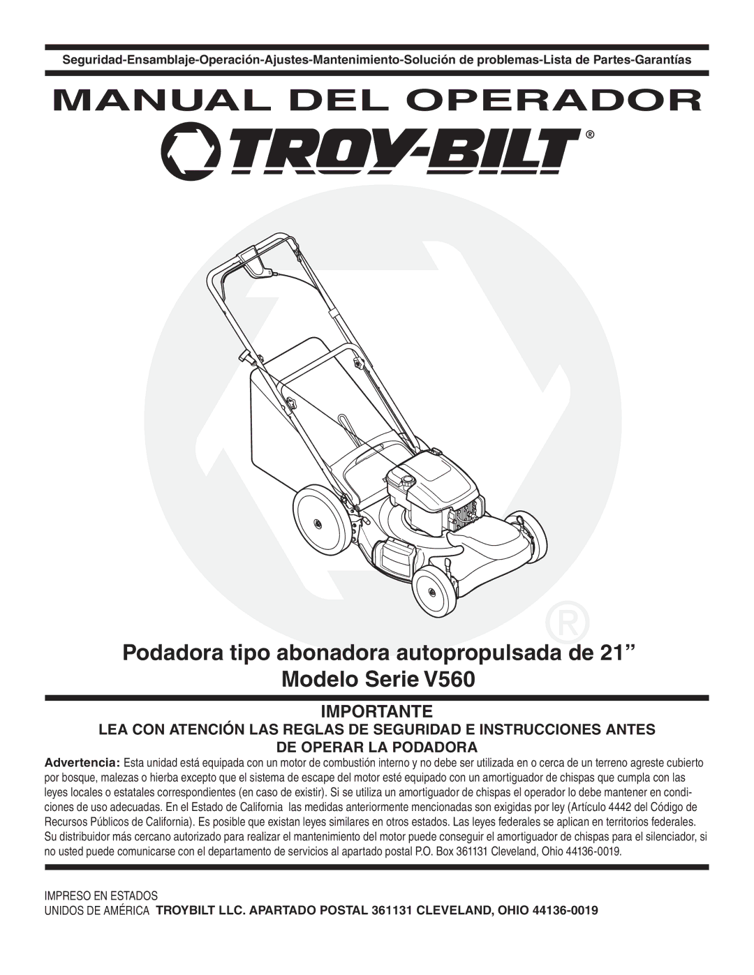 Troy-Bilt V560 manual Manual DEL Operador, Podadora tipo abonadora autopropulsada de Modelo Serie 