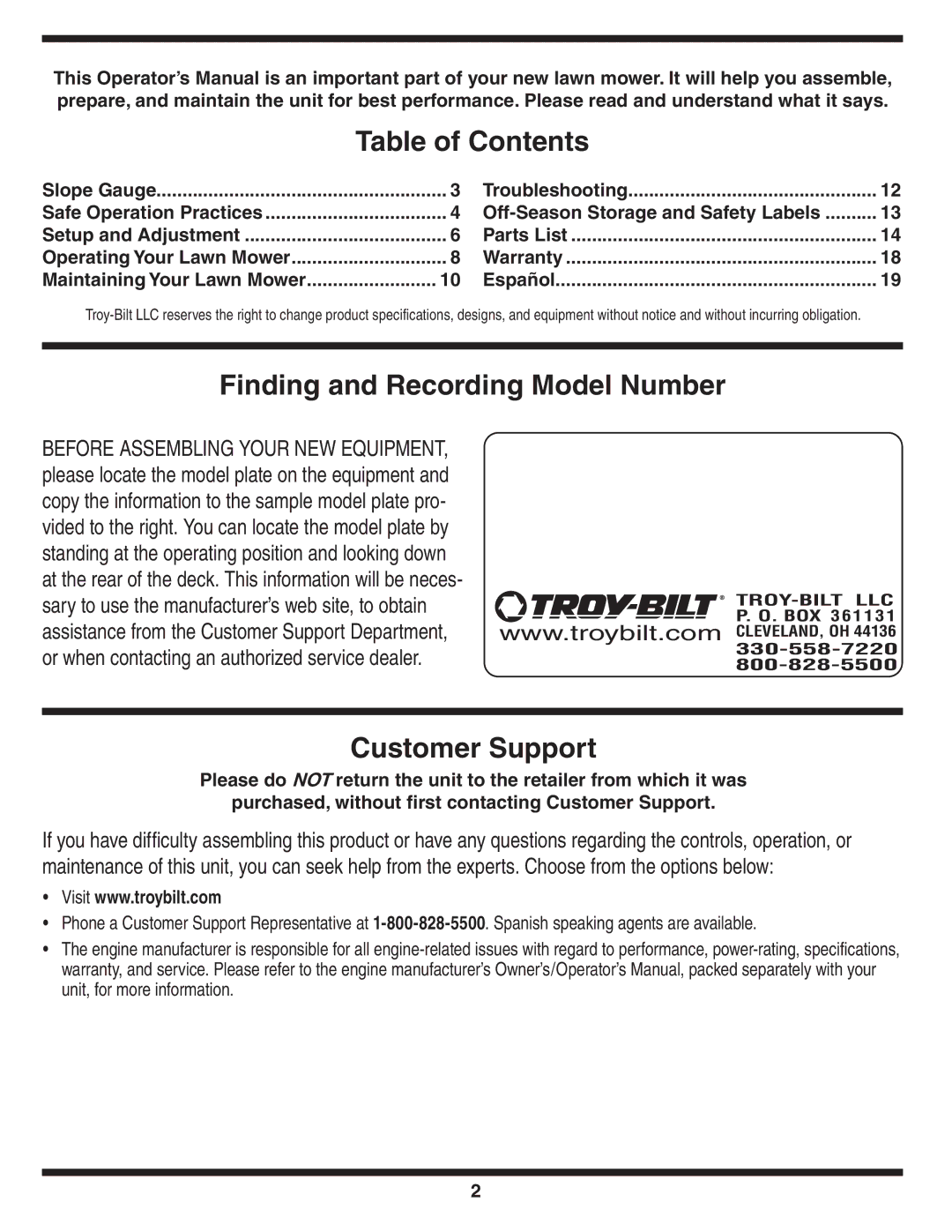 Troy-Bilt V560 manual Table of Contents, Finding and Recording Model Number, Customer Support 