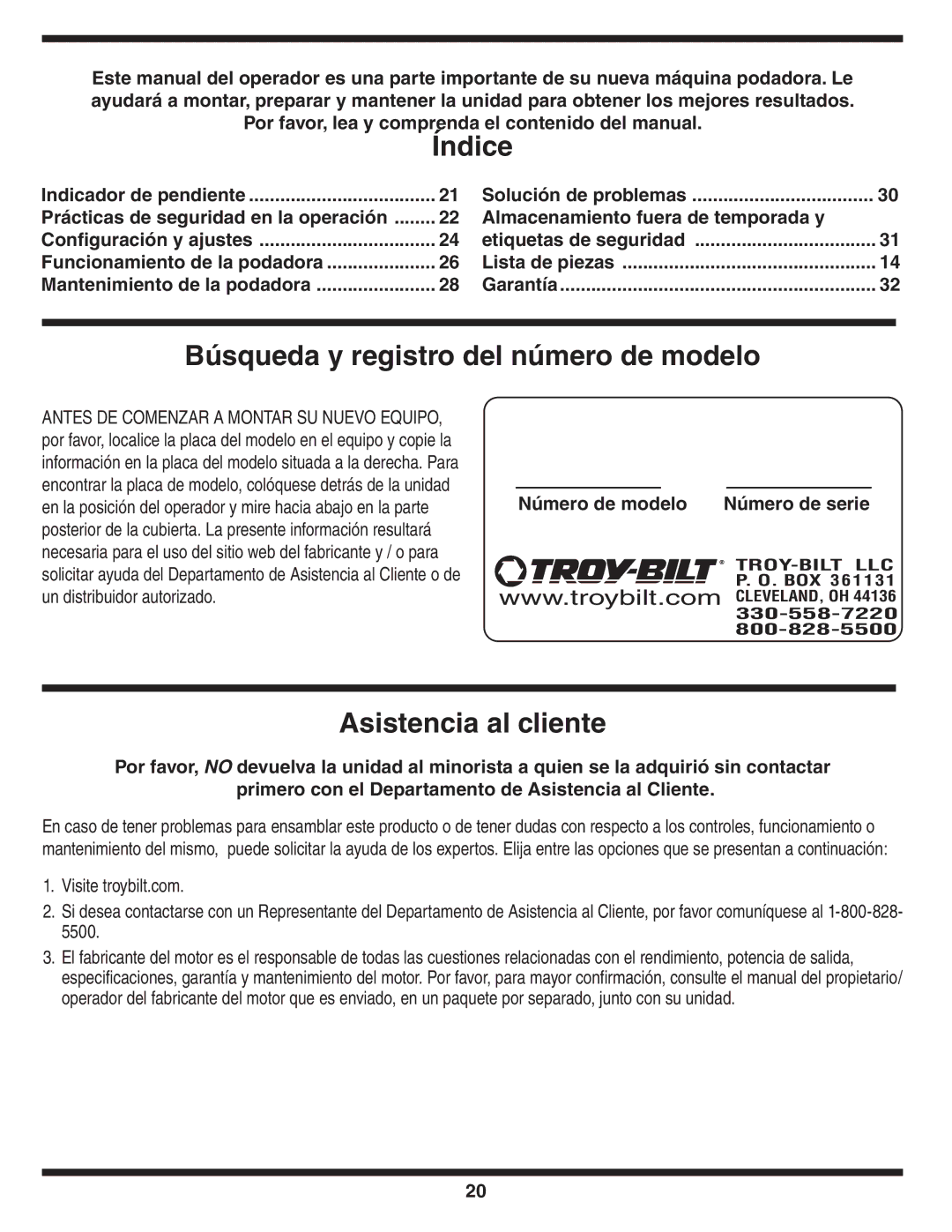 Troy-Bilt V560 Índice, Búsqueda y registro del número de modelo, Asistencia al cliente, Número de modelo Número de serie 