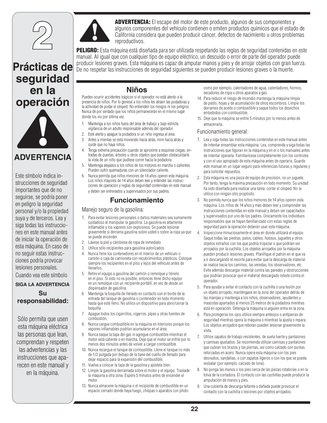 Troy-Bilt V560 manual Responsabilidad, Cuando vea este símbolo, Manejo seguro de la gasolina, Funcionamiento general 