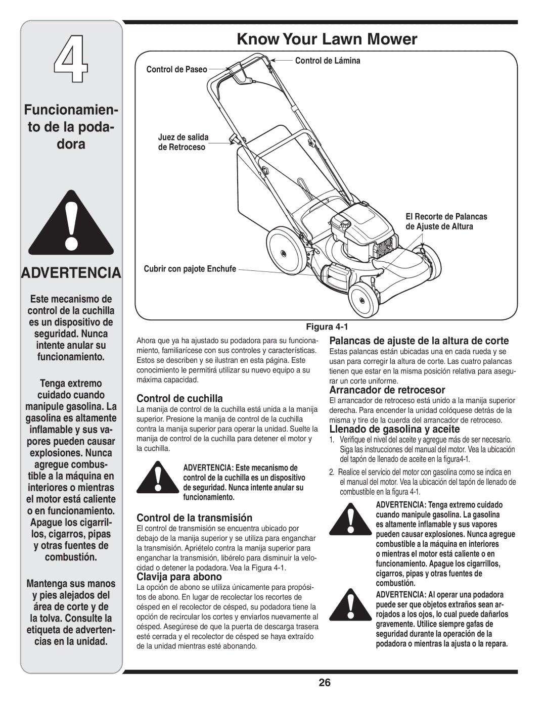 Troy-Bilt V560 manual Mantenga sus manos, Control de cuchilla, Control de la transmisión, Clavija para abono 