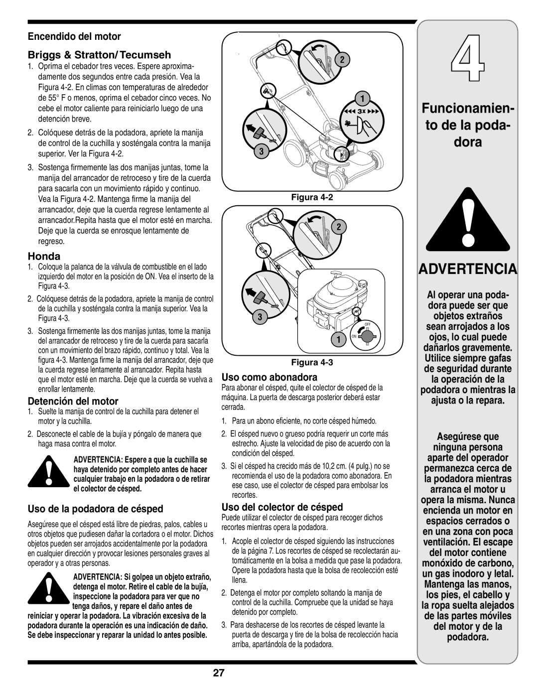 Troy-Bilt V560 Encendido del motor Briggs & Stratton/ Tecumseh, Honda, Detención del motor, Uso de la podadora de césped 