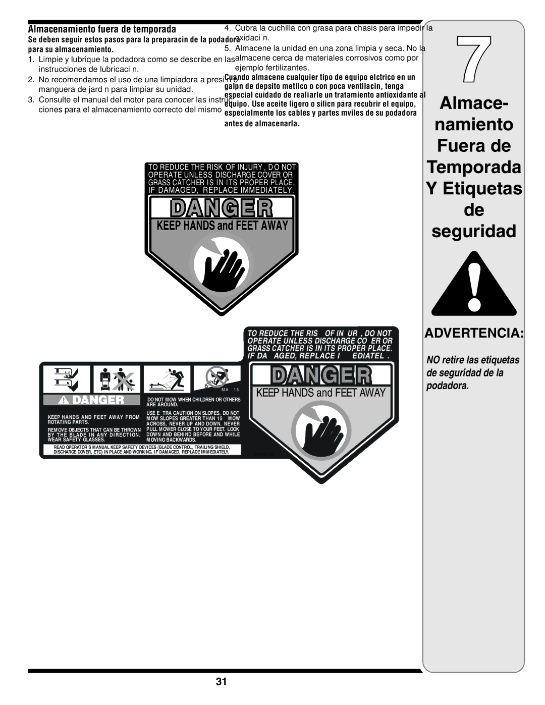 Troy-Bilt V560 manual Seguridad, Almacenamiento fuera de temporada 