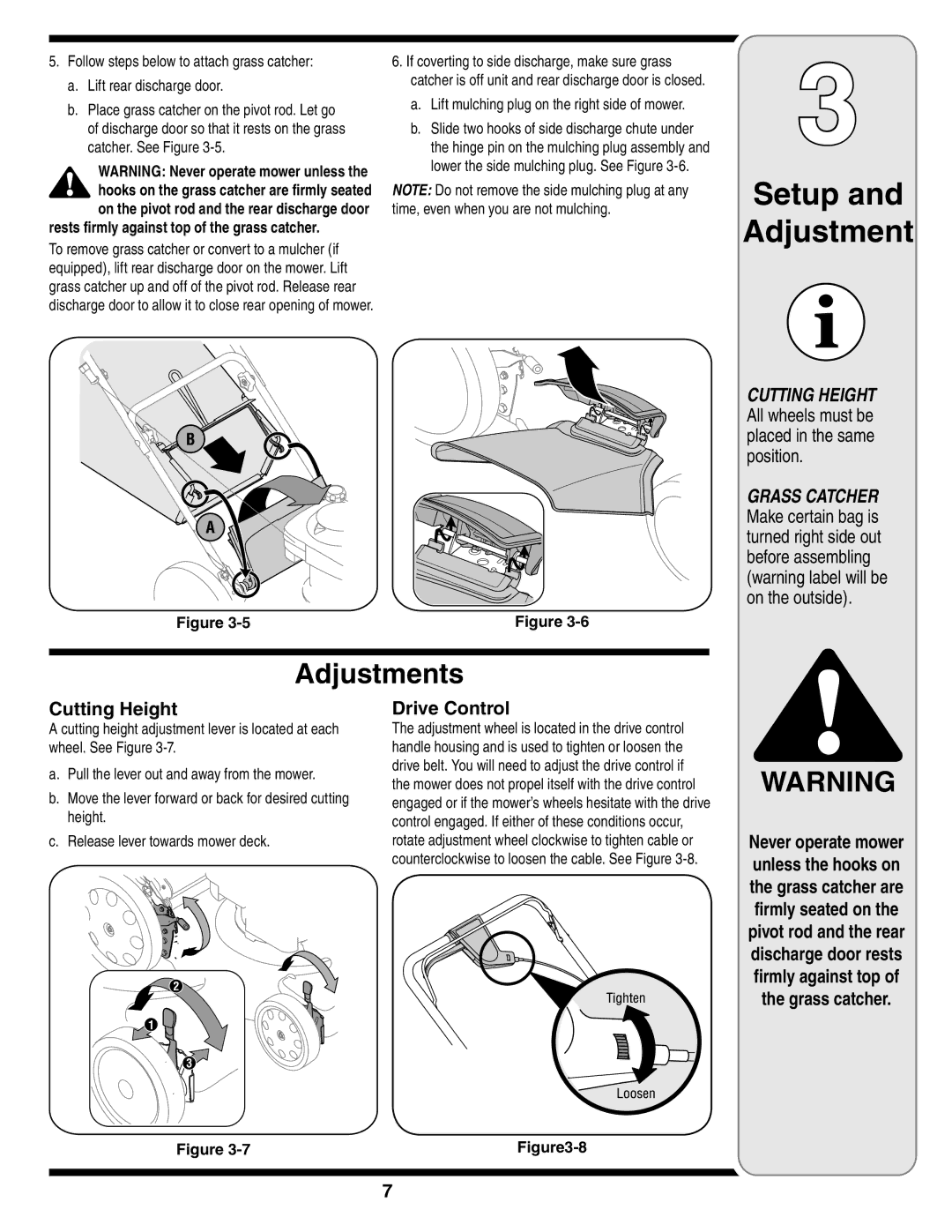 Troy-Bilt V560 manual Adjustments, Cutting Height, Drive Control, Firmly against top Grass catcher 