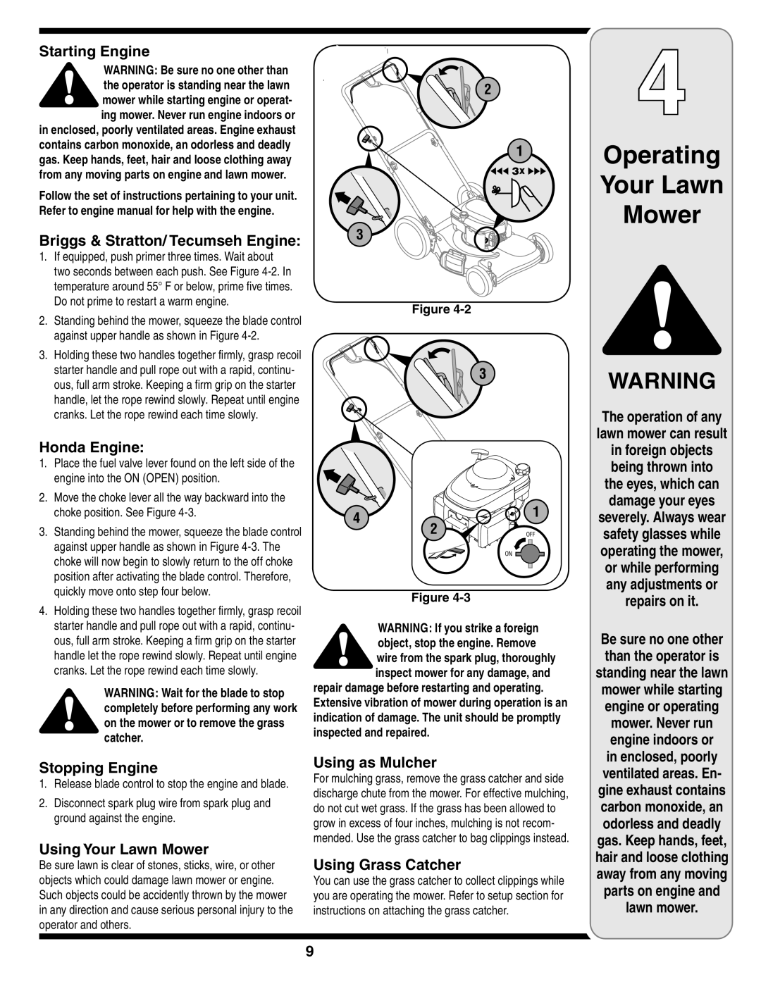 Troy-Bilt V560 Starting Engine, Briggs & Stratton/ Tecumseh Engine, Honda Engine, Stopping Engine, Using Your Lawn Mower 