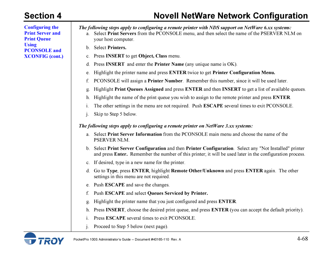 TROY Group 100S manual Configuring Print Server Print Queue Using Pconsole Xconfig 