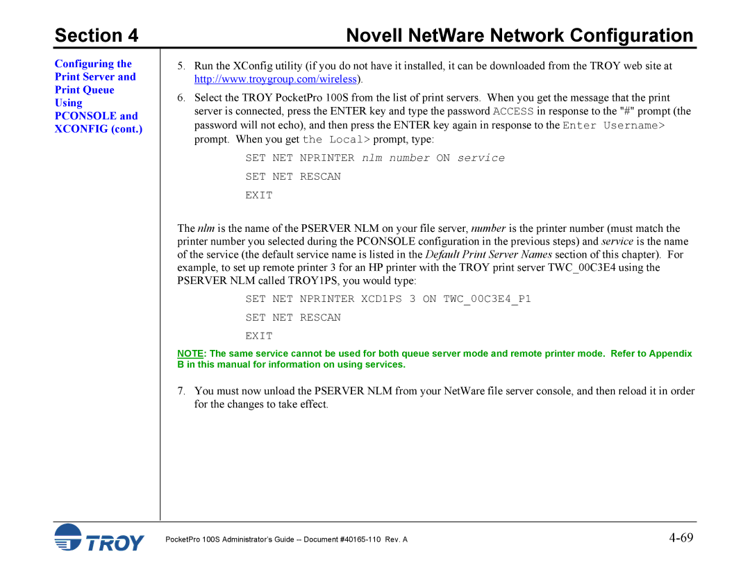 TROY Group 100S manual SET NET Rescan Exit 