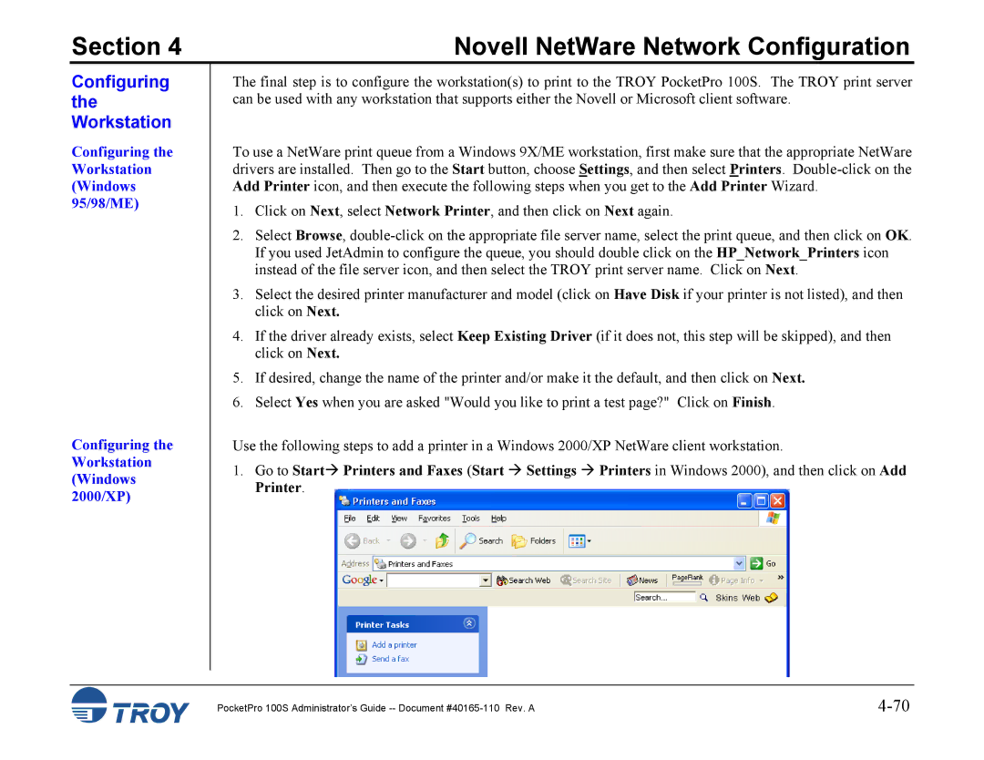 TROY Group 100S manual Configuring the Workstation 