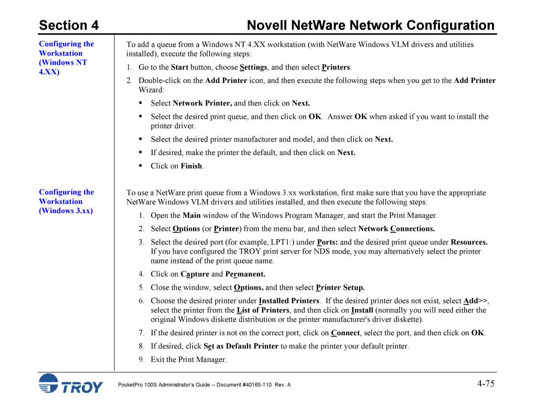 TROY Group 100S manual Configuring the Workstation Windows NT, Click on Capture and Permanent 