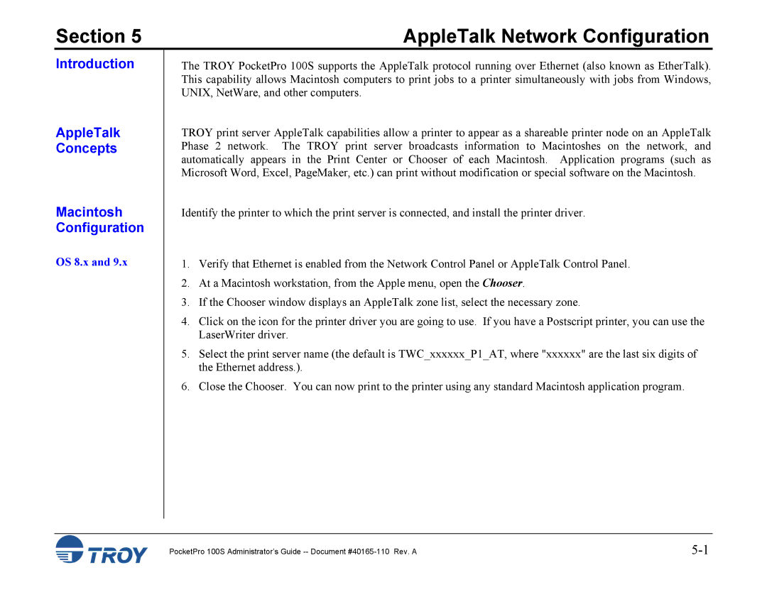 TROY Group 100S manual AppleTalk Network Configuration, Introduction AppleTalk Concepts Macintosh Configuration, OS 8.x 