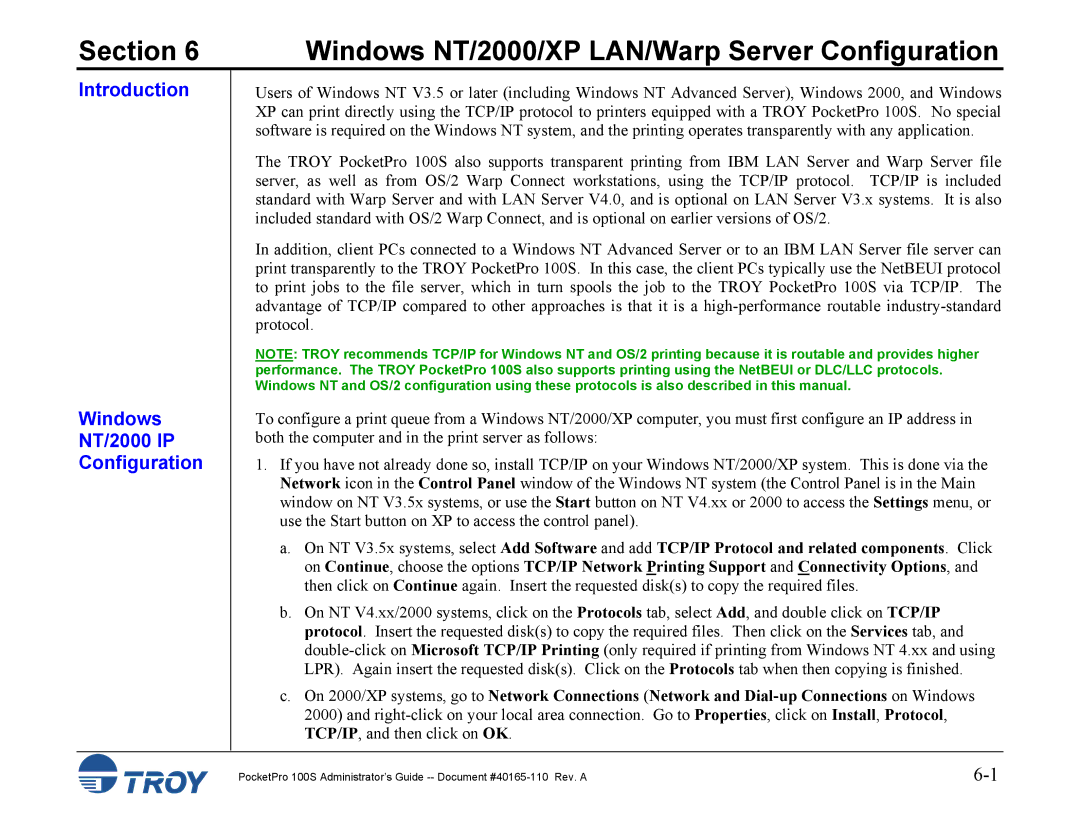 TROY Group 100S manual Windows NT/2000/XP LAN/Warp Server Configuration, Introduction Windows NT/2000 IP Configuration 