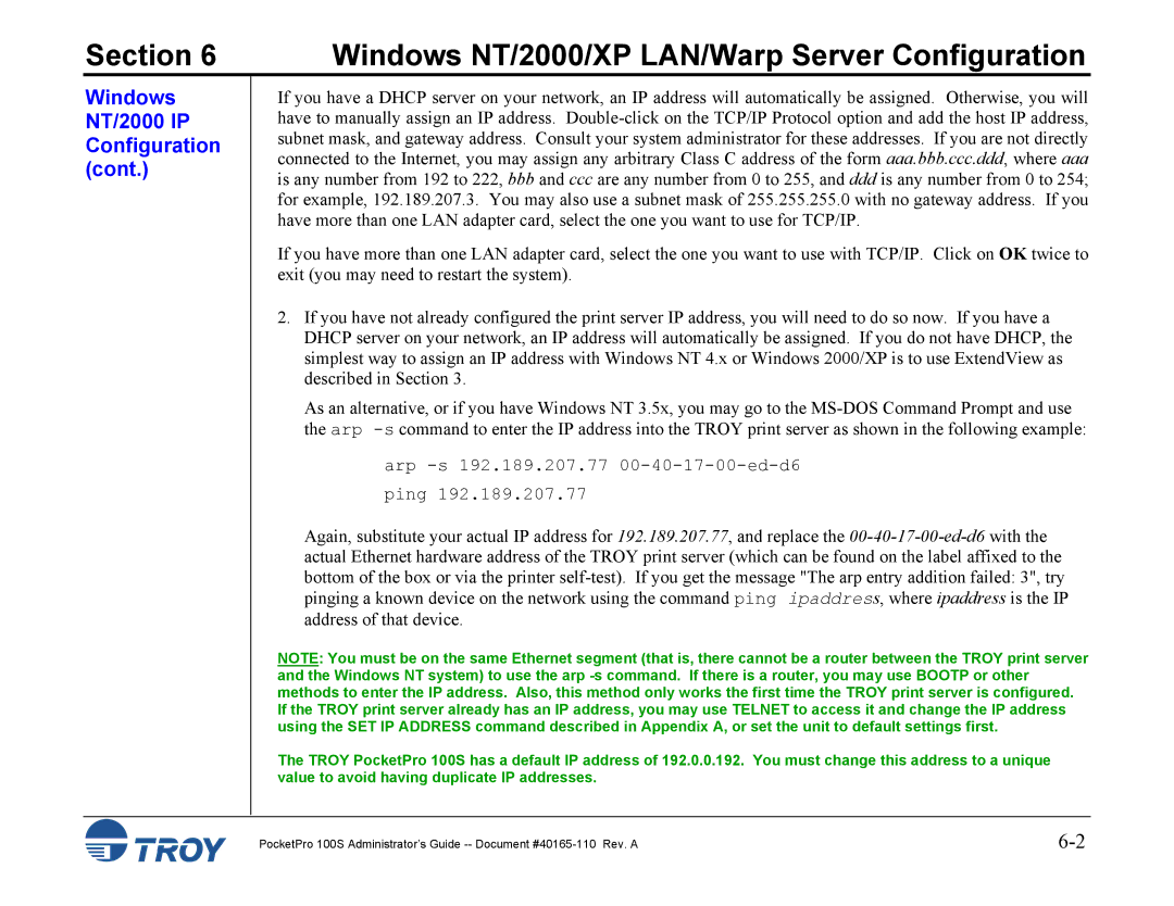 TROY Group 100S manual Windows NT/2000 IP Configuration 