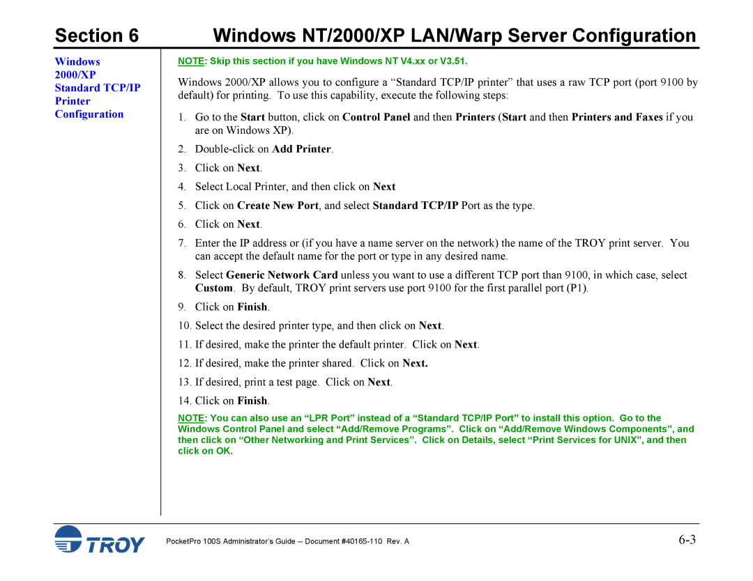 TROY Group 100S manual Windows 2000/XP Standard TCP/IP Printer Configuration 