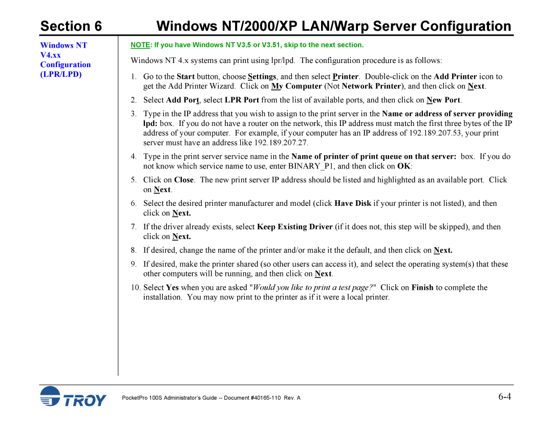 TROY Group 100S manual Windows NT V4.xx Configuration LPR/LPD 