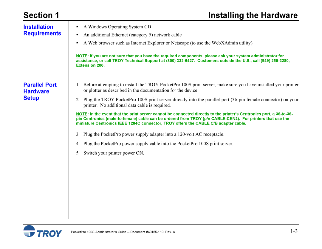 TROY Group 100S manual Parallel Port Hardware Setup 