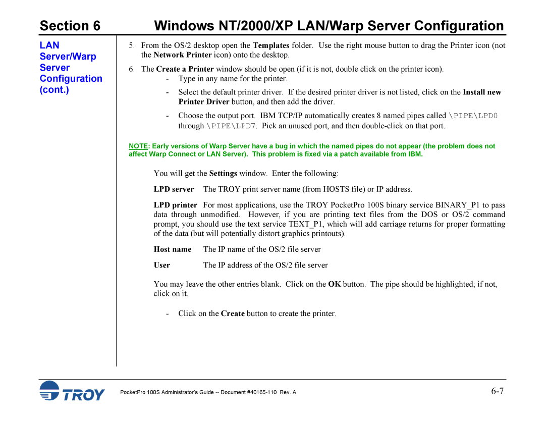 TROY Group 100S manual User IP address of the OS/2 file server 