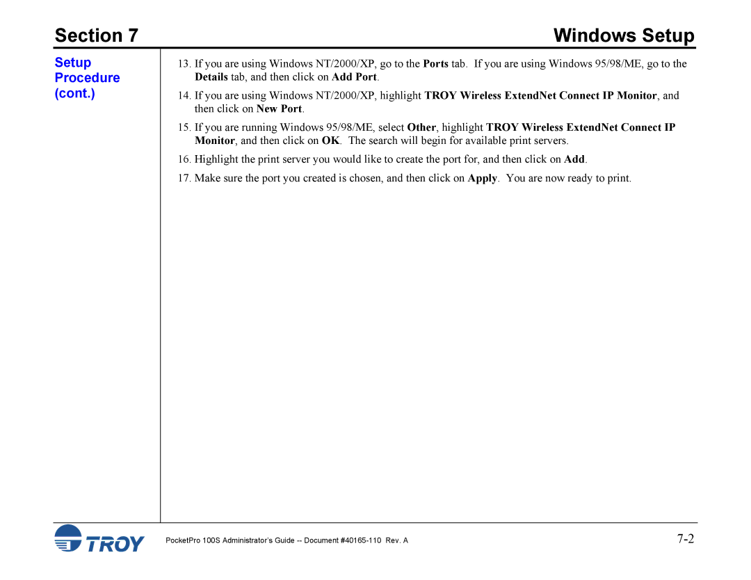 TROY Group 100S manual Section 