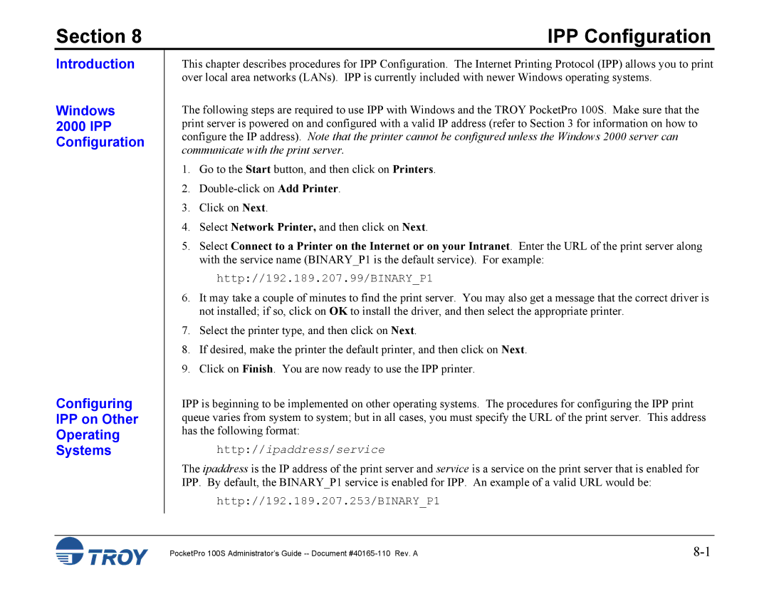 TROY Group 100S manual IPP Configuration 