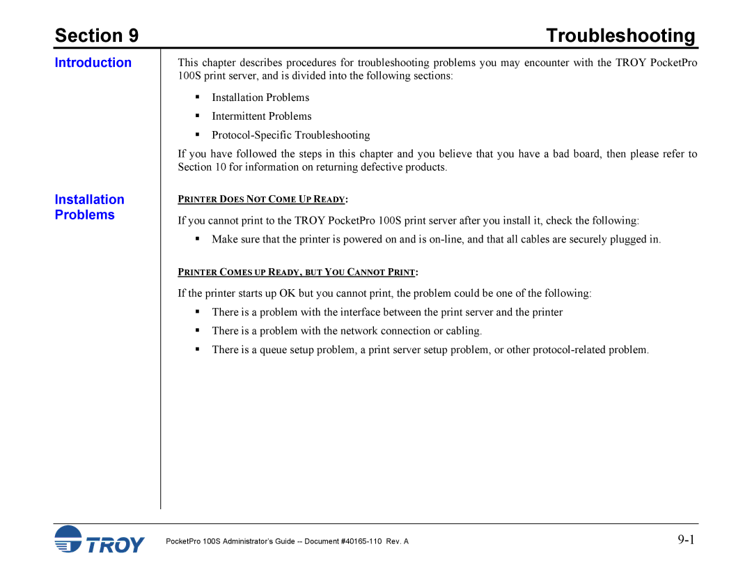 TROY Group 100S manual Troubleshooting, Introduction Installation Problems 