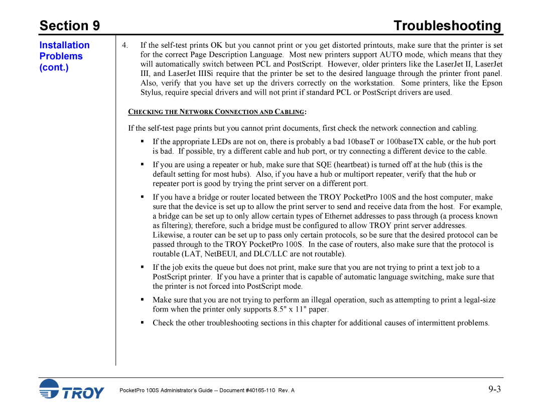 TROY Group 100S manual Checking the Network Connection and Cabling 