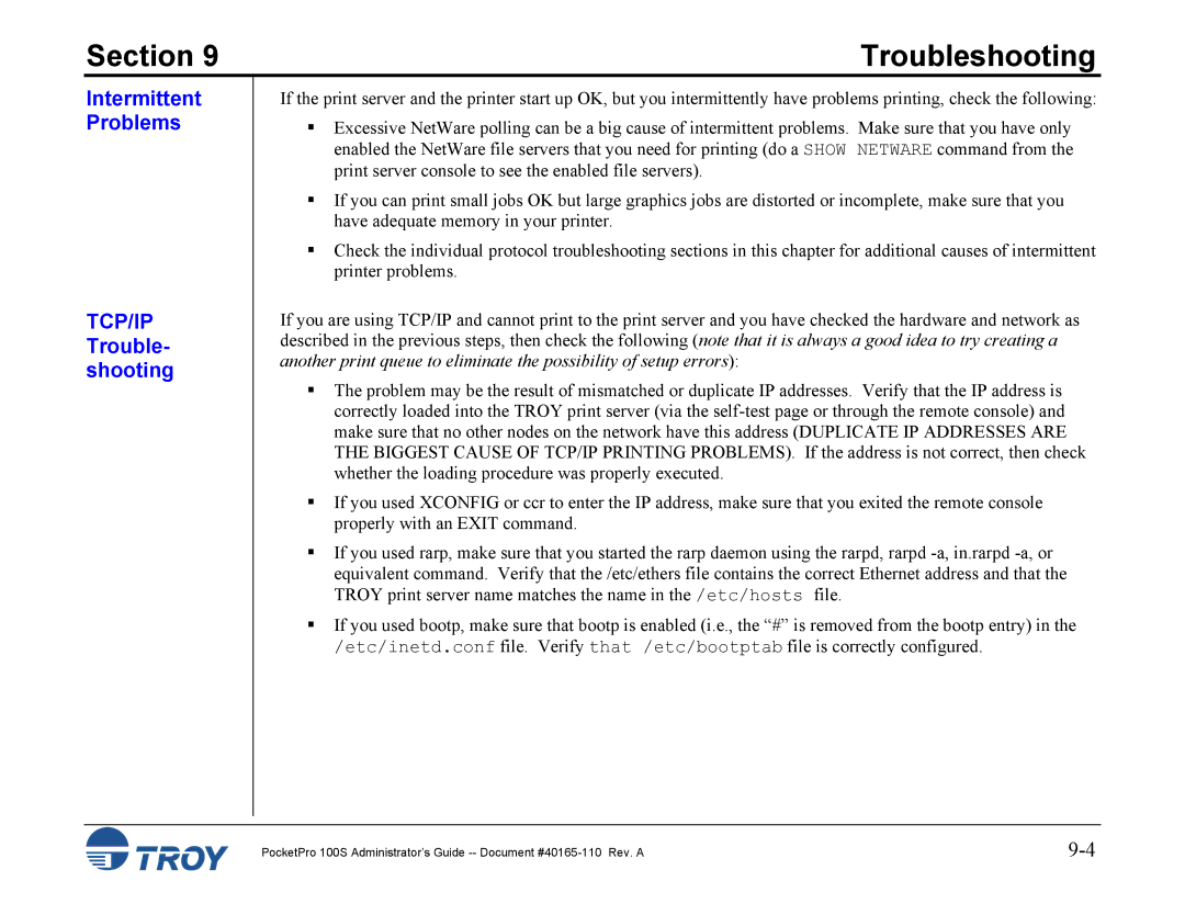 TROY Group 100S manual Intermittent Problems TCP/IP Trouble- shooting 