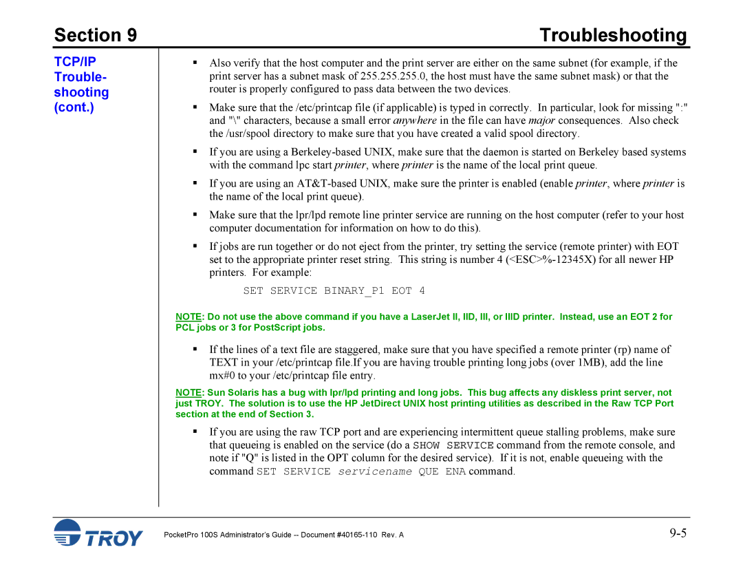 TROY Group 100S manual SET Service BINARYP1 EOT 