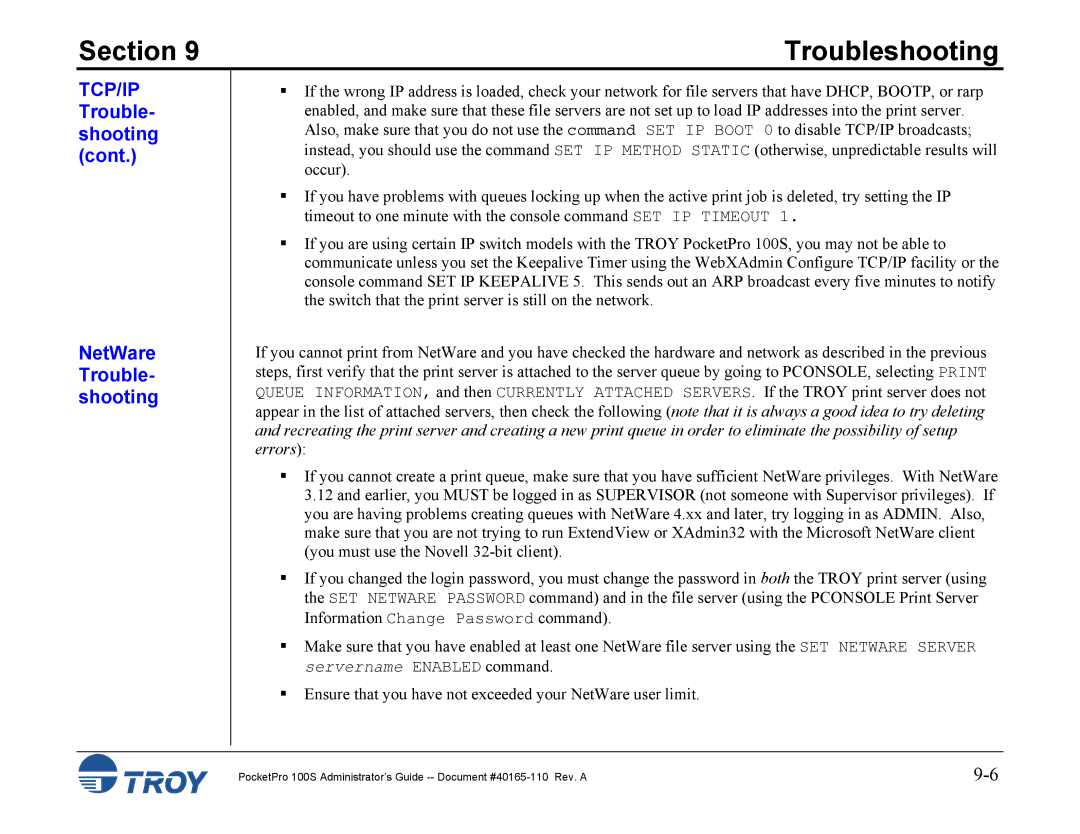 TROY Group 100S manual TCP/IP Trouble- shooting NetWare Trouble- shooting 