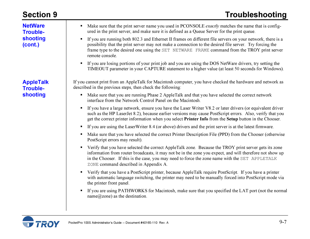 TROY Group 100S manual NetWare Trouble- shooting AppleTalk Trouble- shooting 