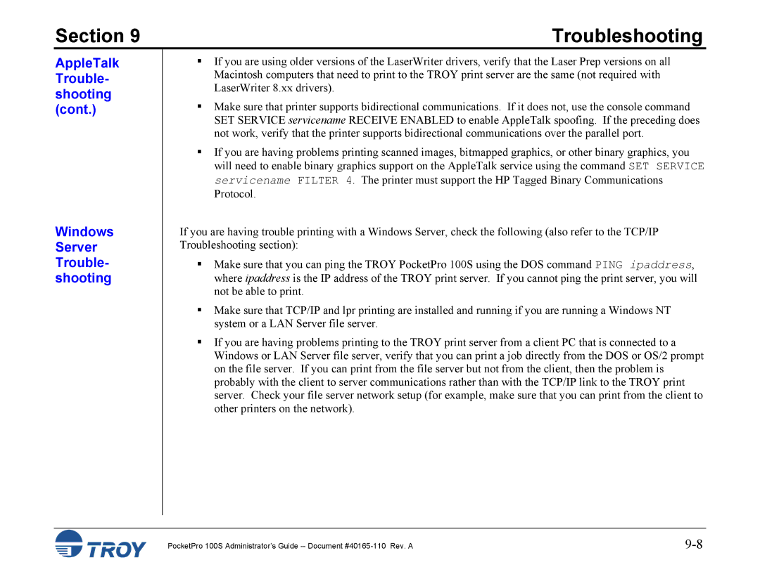 TROY Group 100S manual AppleTalk Trouble- shooting Windows Server Trouble- shooting 