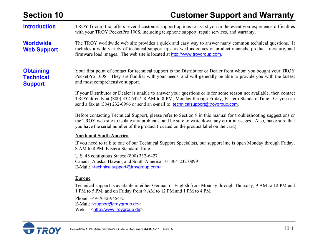 TROY Group 100S manual Customer Support and Warranty, Introduction Worldwide Web Support Obtaining Technical, Europe 