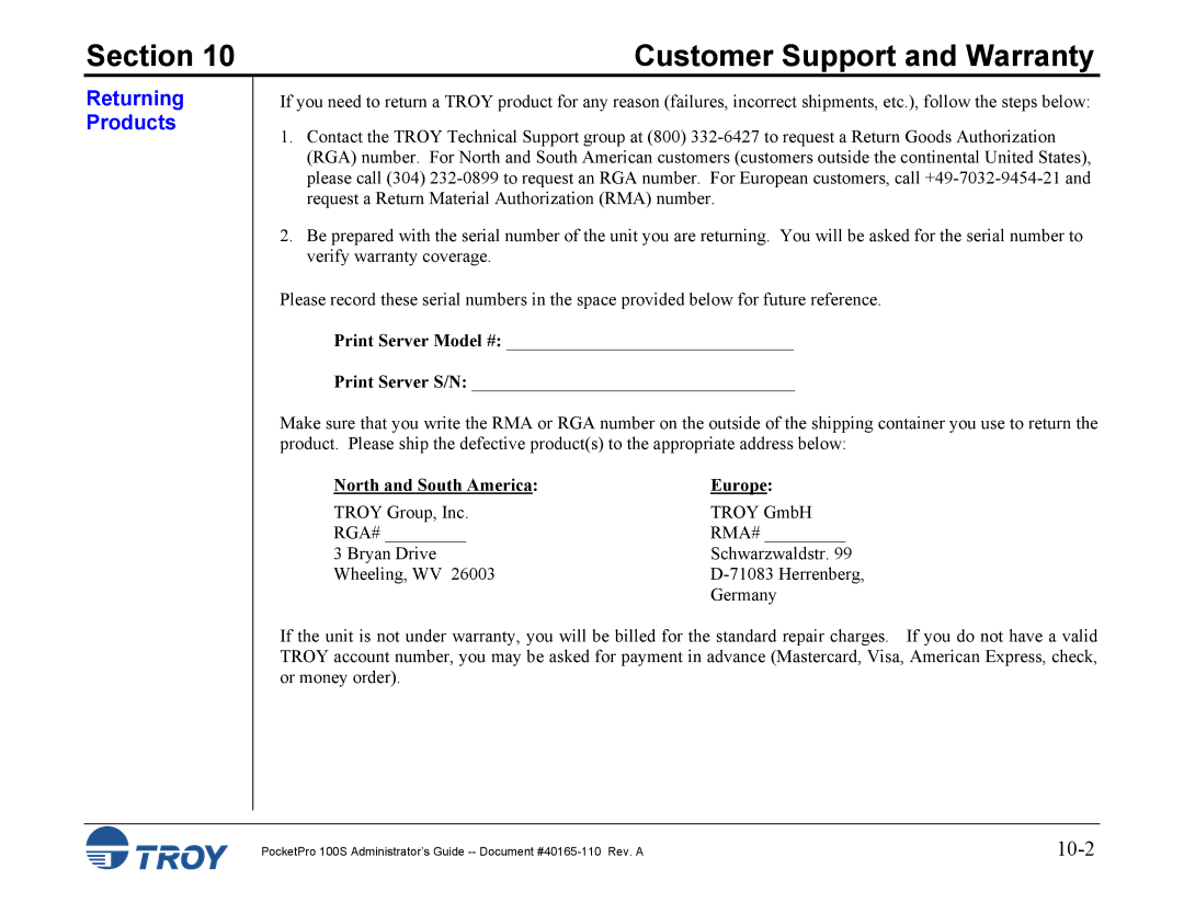 TROY Group 100S manual Returning Products, North and South America Europe 