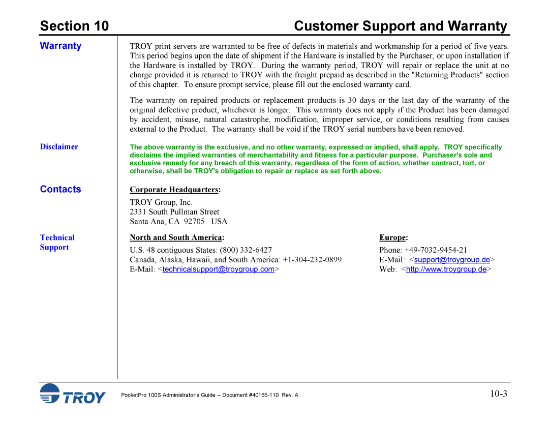 TROY Group 100S manual Warranty, Contacts, Disclaimer, Technical Support, Corporate Headquarters 