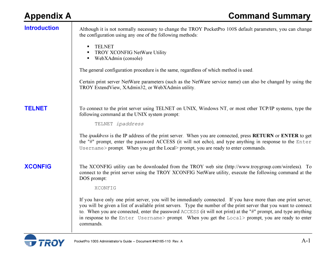 TROY Group 100S manual Appendix a, Command Summary 