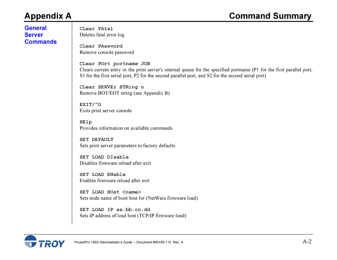 TROY Group 100S manual General Server Commands, Exit/D, SET Default 