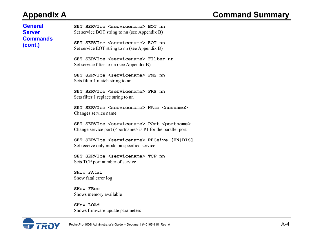 TROY Group 100S manual SET SERVIce servicename BOT nn, SET SERVIce servicename EOT nn, SET SERVIce servicename FIlter nn 