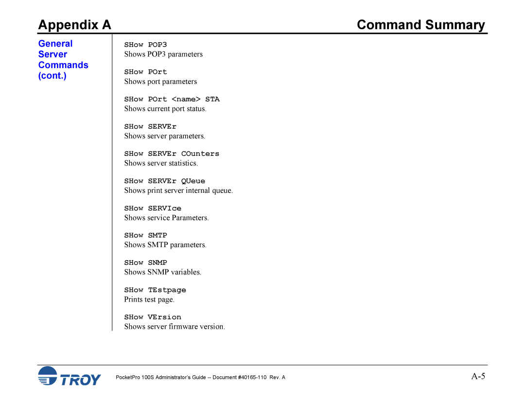 TROY Group 100S SHow POP3, SHow POrt name STA, SHow SERVEr COunters, SHow SERVEr QUeue, SHow SERVIce, SHow Smtp 