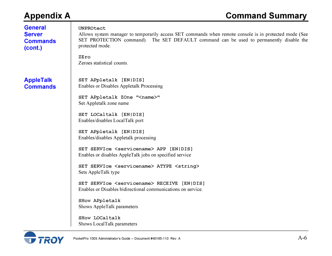 TROY Group 100S manual General Server Commands AppleTalk Commands 