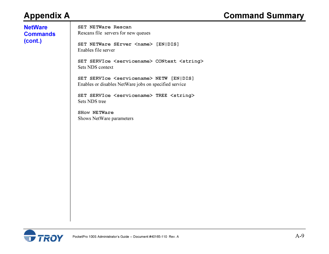 TROY Group 100S manual SET NETWare Rescan, SET SERVIce servicename Tree string, SHow NETWare 