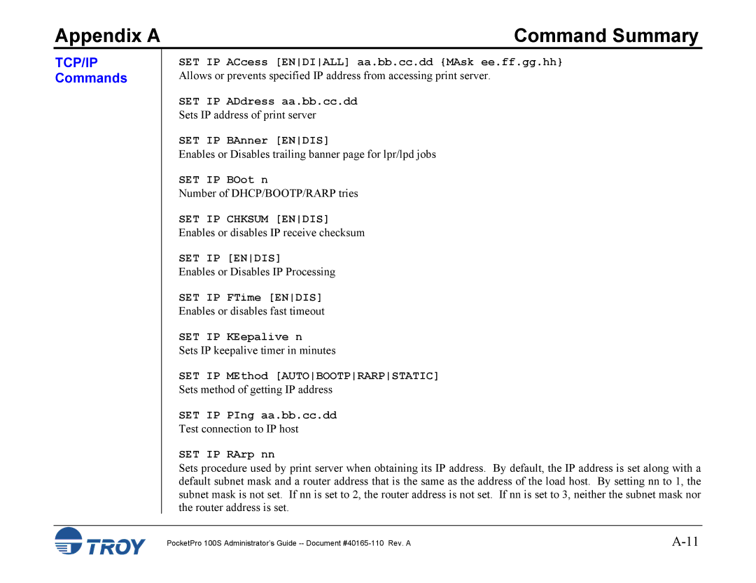 TROY Group 100S manual TCP/IP Commands, SET IP Chksum Endis, SET IP Endis 