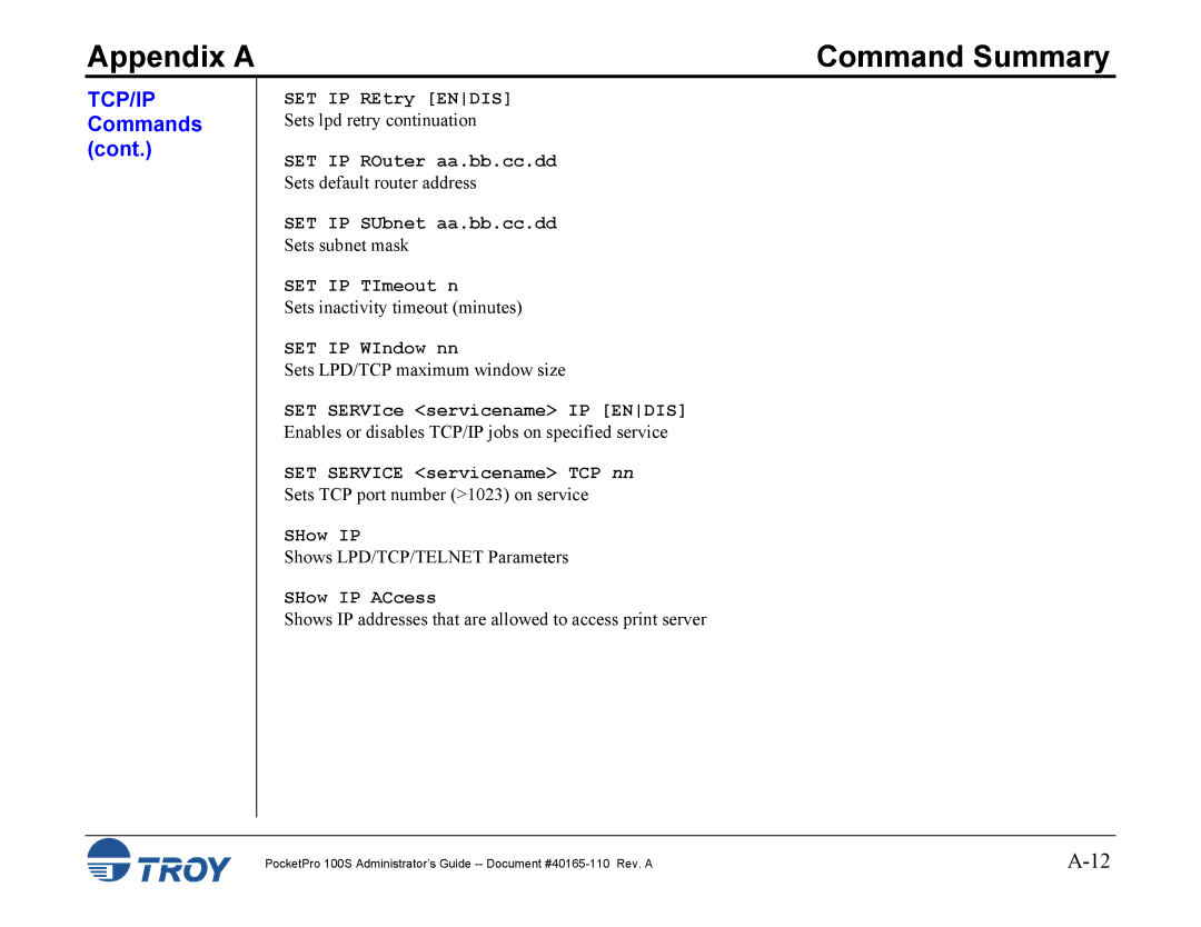 TROY Group 100S SET IP REtry Endis, SET IP ROuter aa.bb.cc.dd, SET IP SUbnet aa.bb.cc.dd, SET IP TImeout n, SHow IP ACcess 