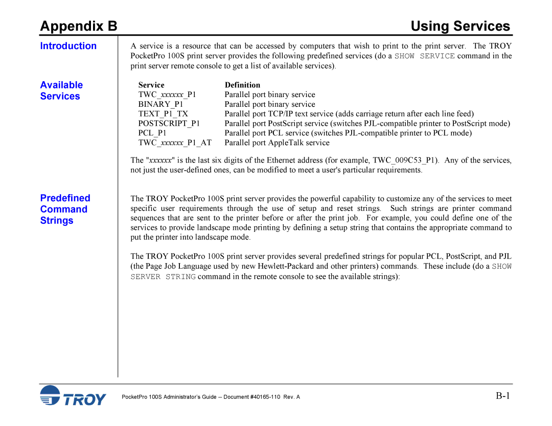 TROY Group 100S manual Using Services, Introduction Available Services Predefined Command Strings, Service Definition 