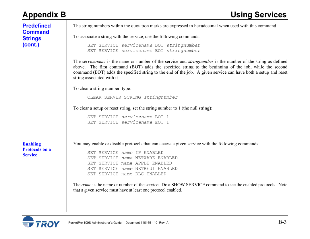 TROY Group 100S manual Enabling Protocols on a Service 