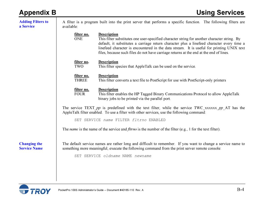 TROY Group 100S manual Adding Filters to a Service Changing the Service Name, Filter no Description 