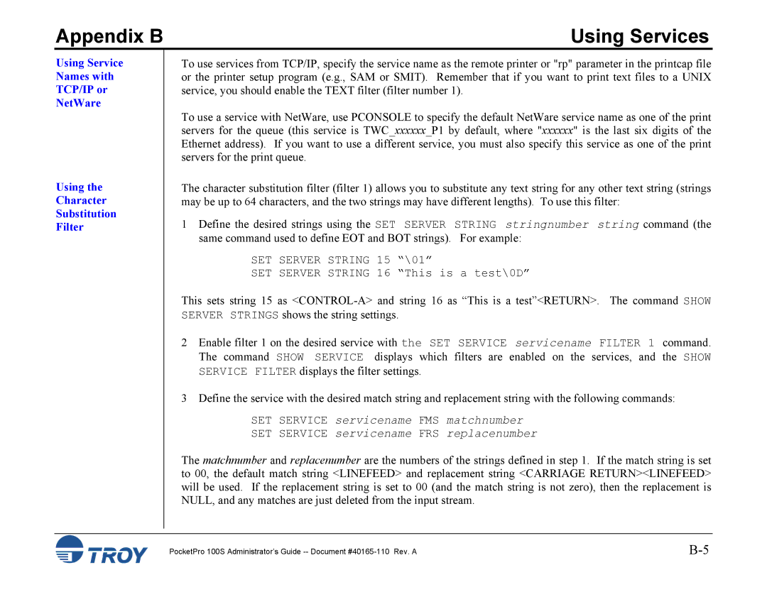 TROY Group 100S manual SET Server String 15 \01 