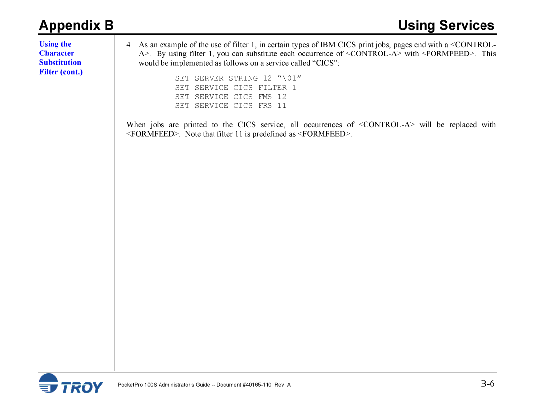 TROY Group 100S manual Using Character Substitution Filter 