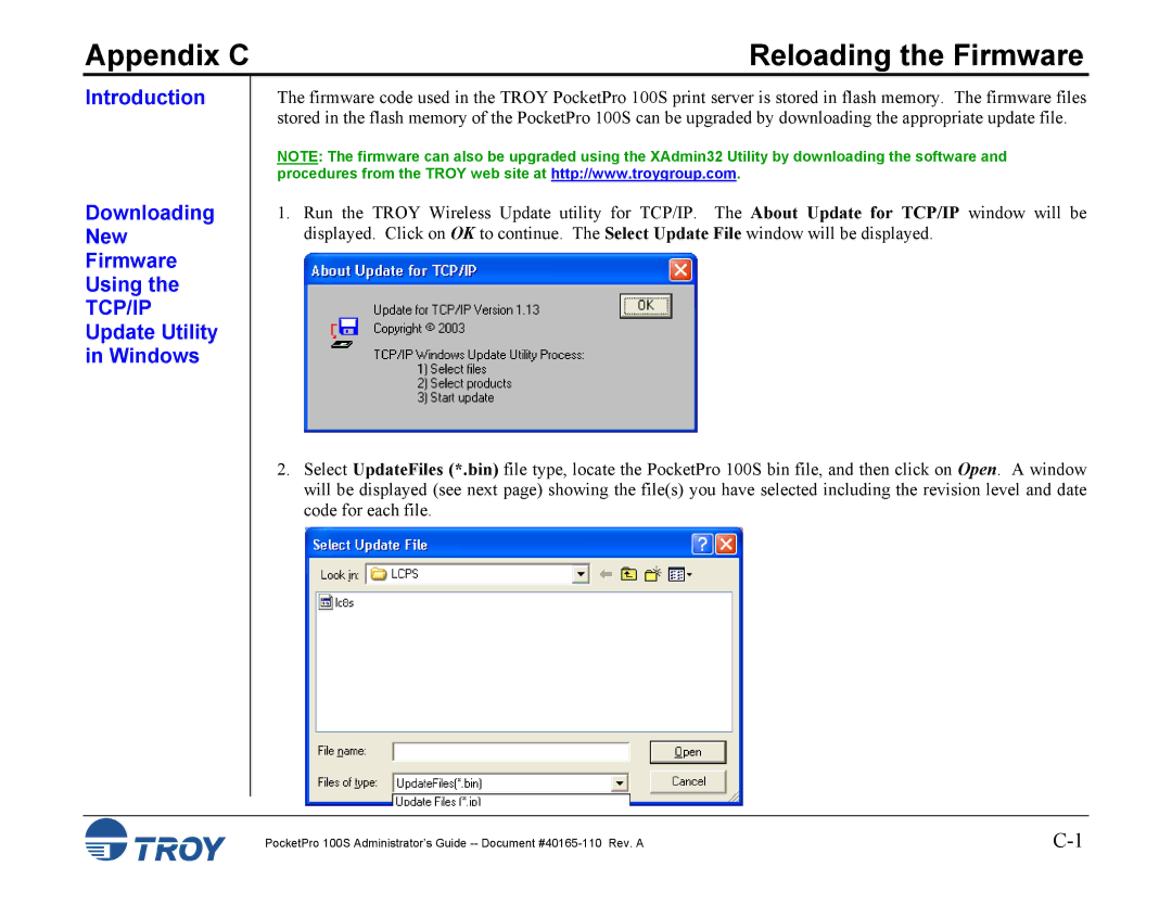 TROY Group 100S manual Reloading the Firmware, Introduction Downloading New Firmware Using, Update Utility Windows 